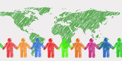 Graphic depiction of multicoloured people holding hands around a map of the world