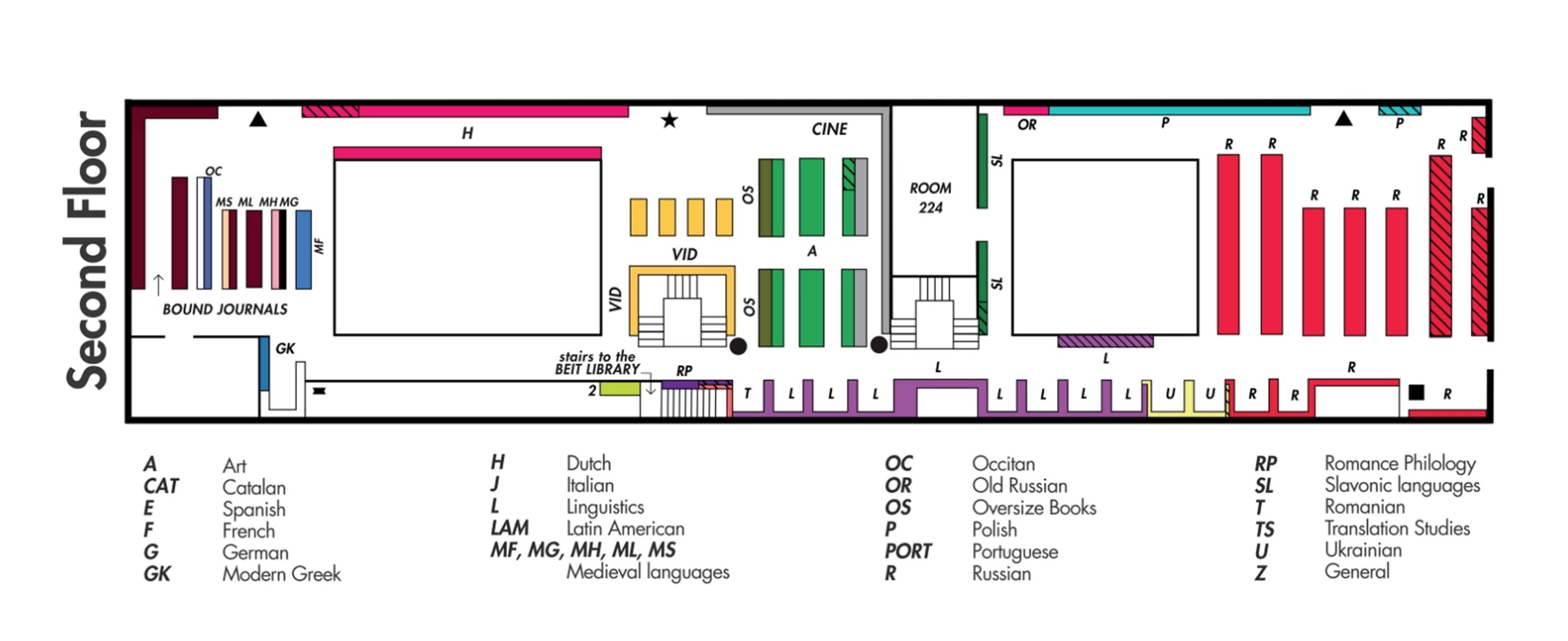 Floorplan of library level 2 with colour coding and key to the symbols