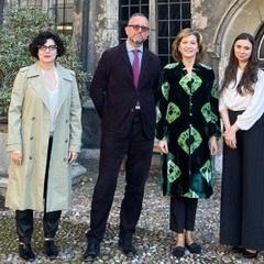 Prof. Ioanna Sitaridou, Prof. John David Rhodes, HE Laura Popescu, and Dr. Ștefania Costea in a cobbled Cambridge court