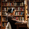 A student using a laptop at a desk in the MMLL Library. 