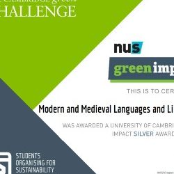 The Cambridge Green Challenge - NUS Green Impact scheme. This is to certify that MMLL was awarded a University of Cambridge Green Impact Silver Award, 2021-2022