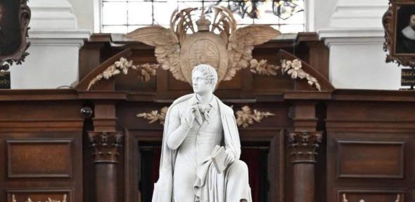 A statue of Lord Byron in the chapel at Trinity College, Cambridge A statue of Lord Byron in the chapel at Trinity College, Cambridge