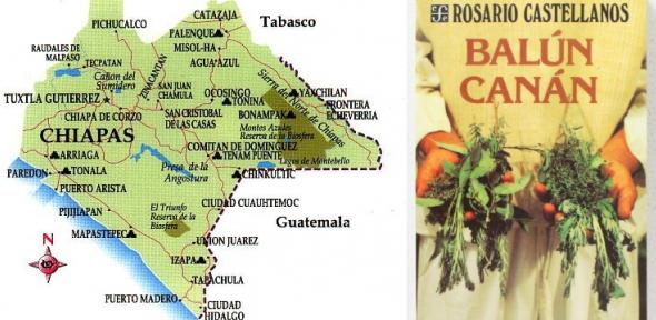 Map of Chiapas, southern Mexico, and front cover of Balún Canán by Rosario Castellanos Map of Chiapas and front cover of Balún Canán