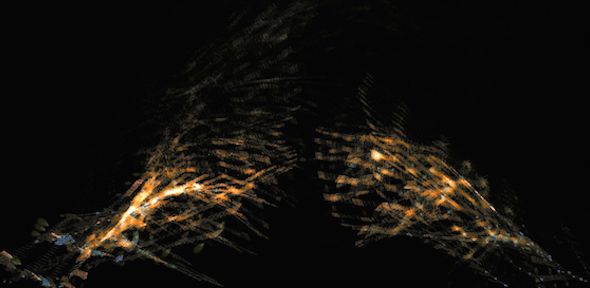 Still frame from Loops, a digital art installation by The OpenEnded Group that interprets Merce Cunningham's motion-captured dance for the hands. Image_loops_still