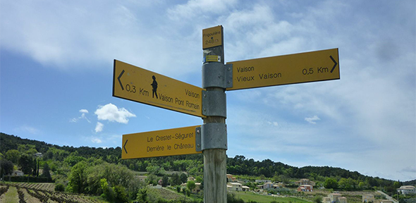 French footpath sign pointing in different directions